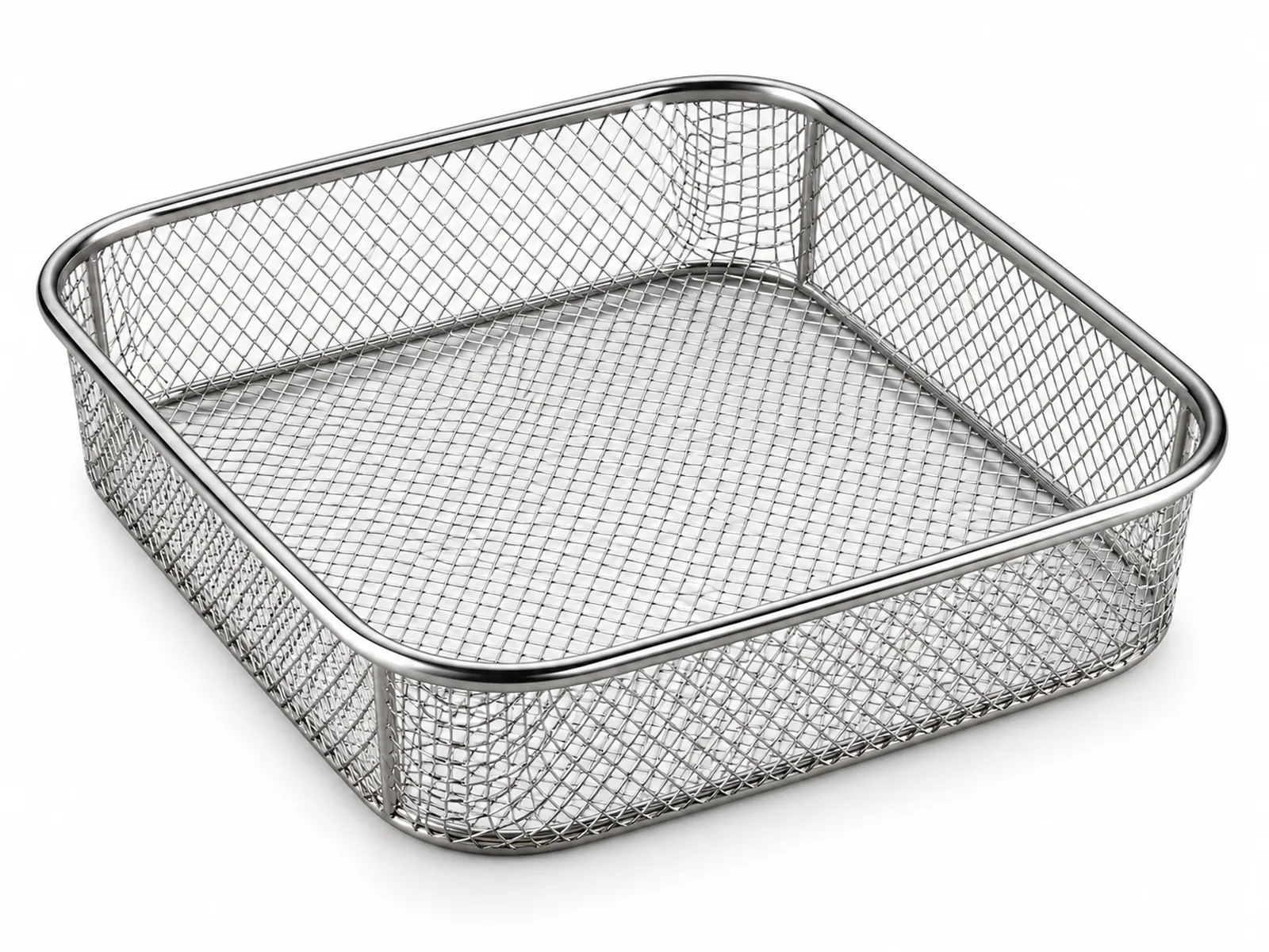 A square stainless steel woven mesh air fryer basket insert filled with golden french fries