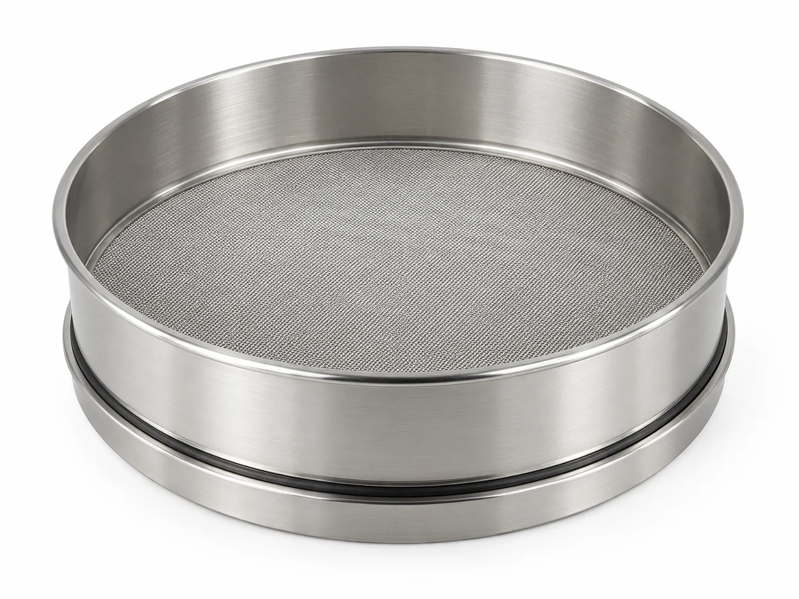 A 200 mm stainless steel air jet sieve with fine mesh sitting on an air jet sieving machine in a quality control lab