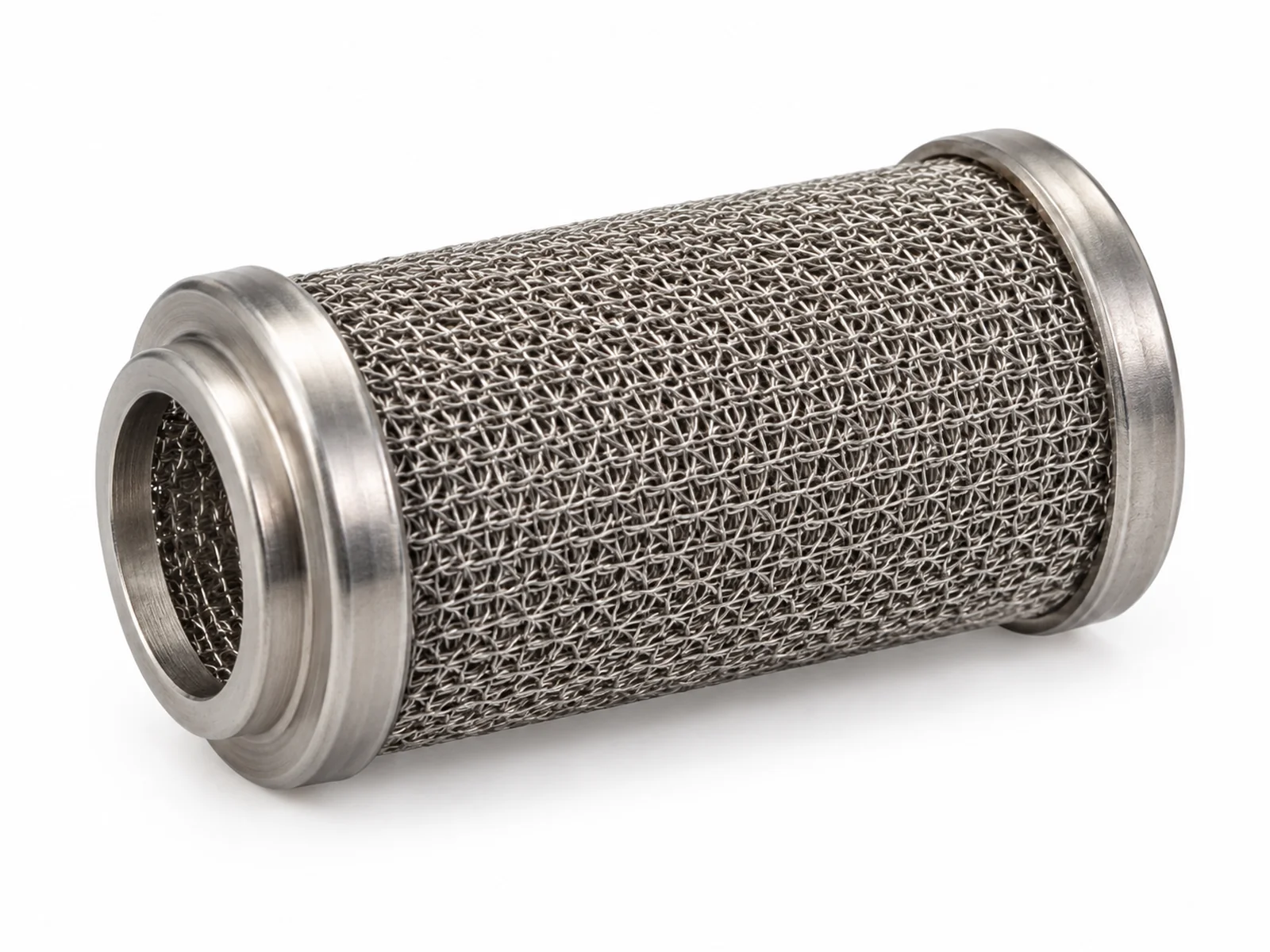 Several cylindrical knitted and pressed steel wire mesh airbag inflator filters in different sizes