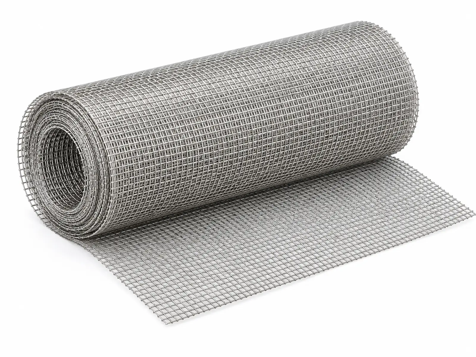 A roll of silver woven aluminum wire mesh partly unrolled on a workbench, light reflecting off the fine square weave