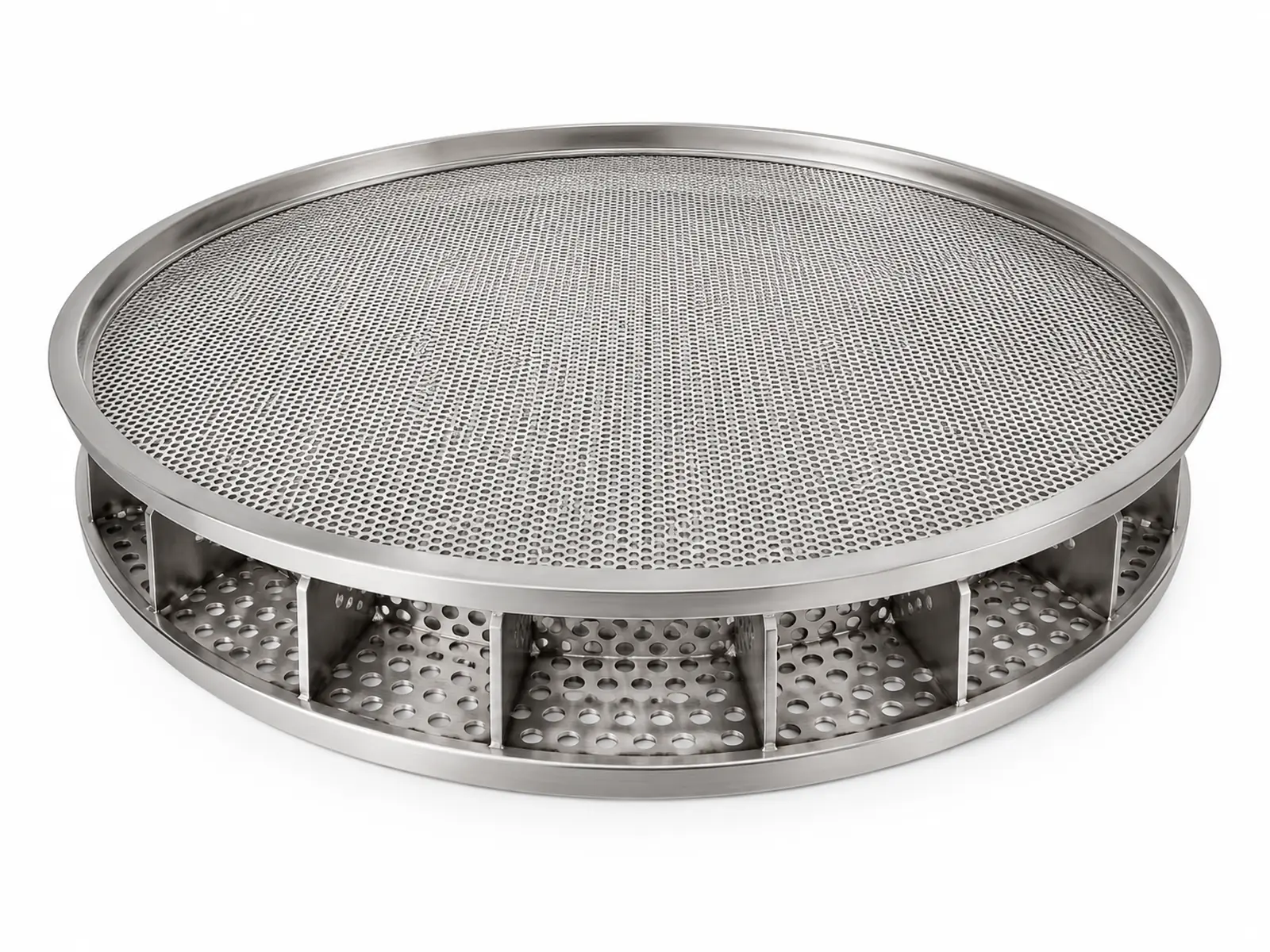 A round perforated stainless steel ball tray with white silicone cleaning balls in compartments beneath a sifter screen