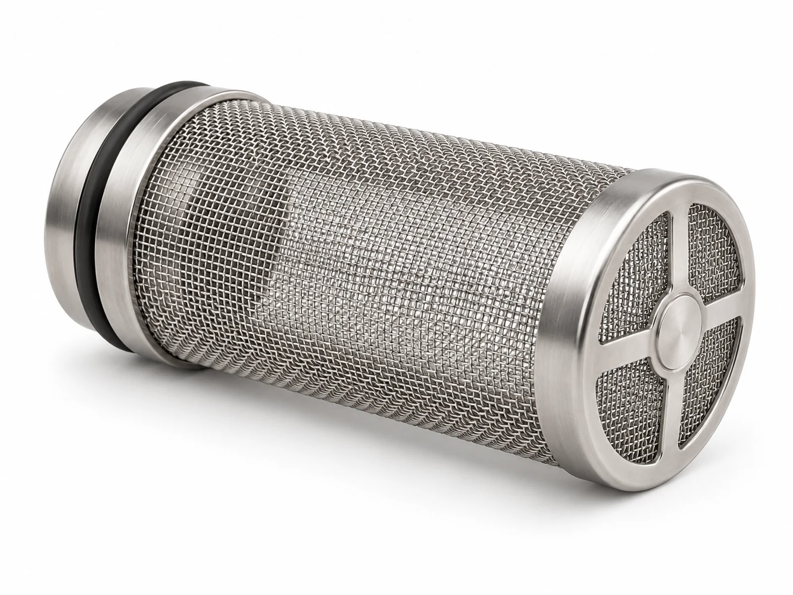 A cylindrical fine stainless steel mesh intake guard on the end of an aquarium filter tube, red cherry shrimp nearby