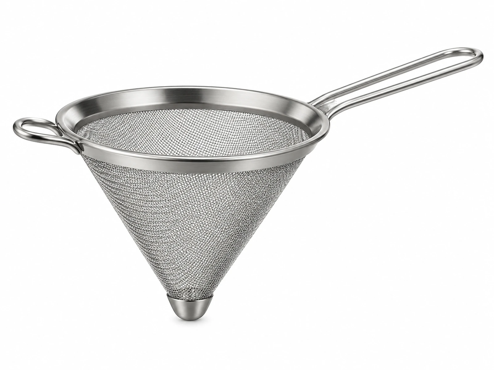 A conical stainless steel fine-mesh cocktail strainer held above a crystal coupe glass while a pale pink cocktail is poured