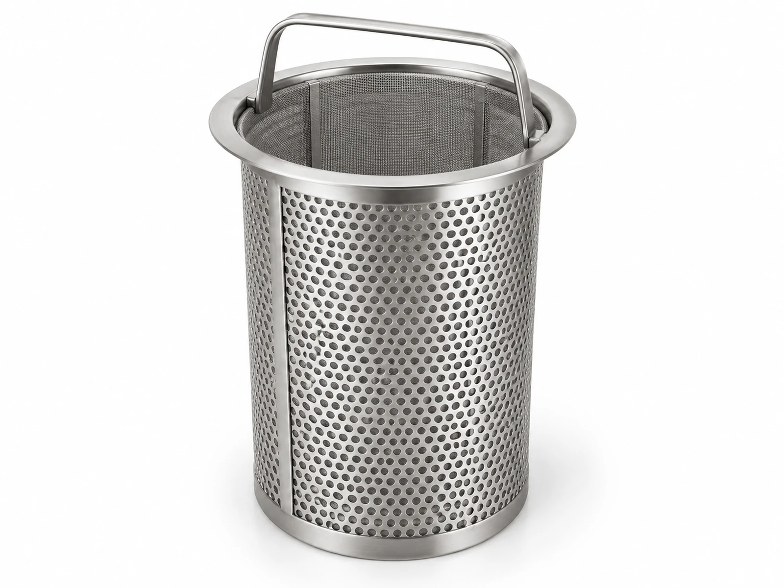 A tall stainless steel perforated basket strainer basket with fine mesh liner being lifted out of a simplex strainer body
