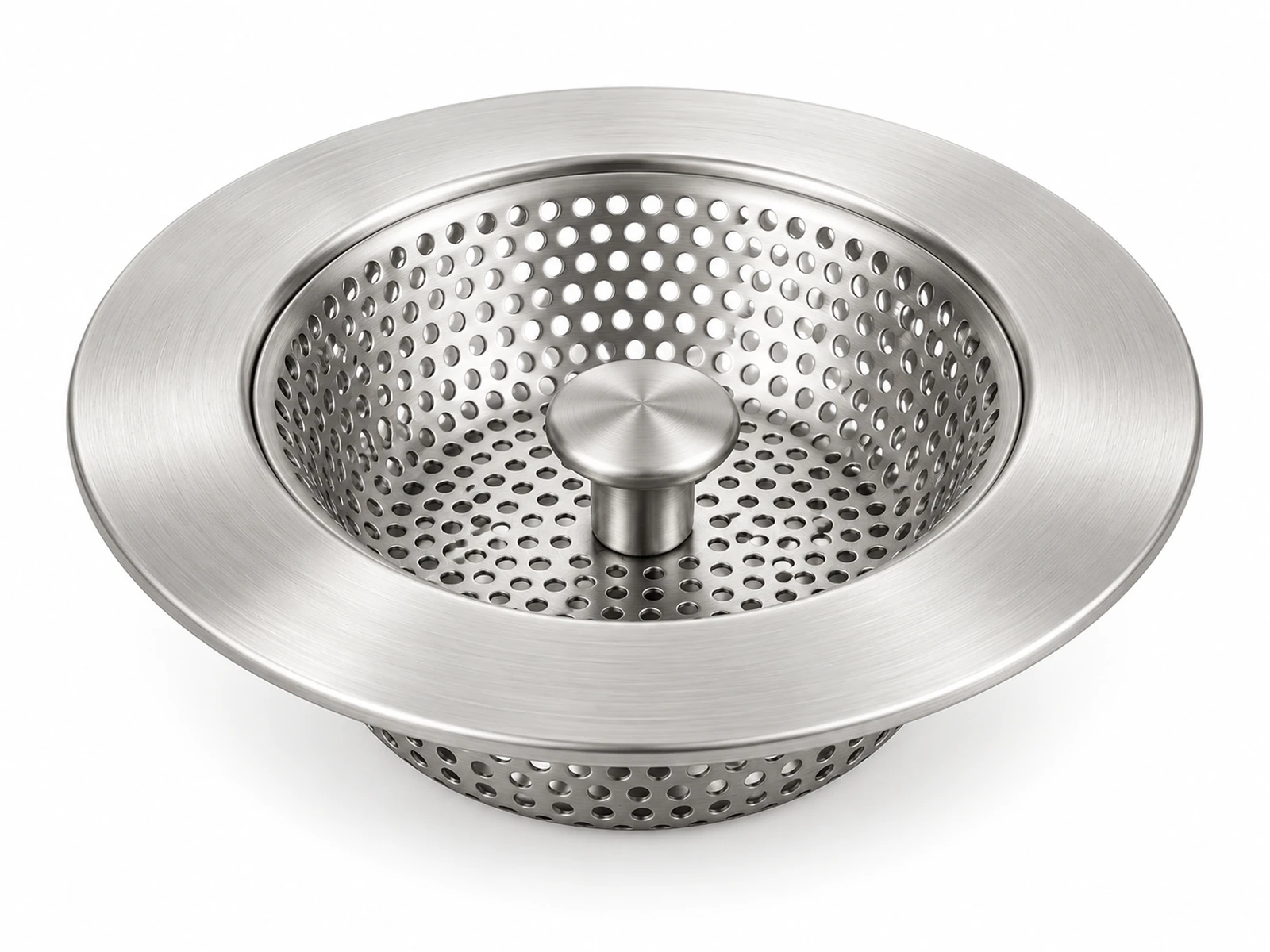 A round brushed stainless steel etched drain hair catcher with a small center knob sitting over a bathtub drain
