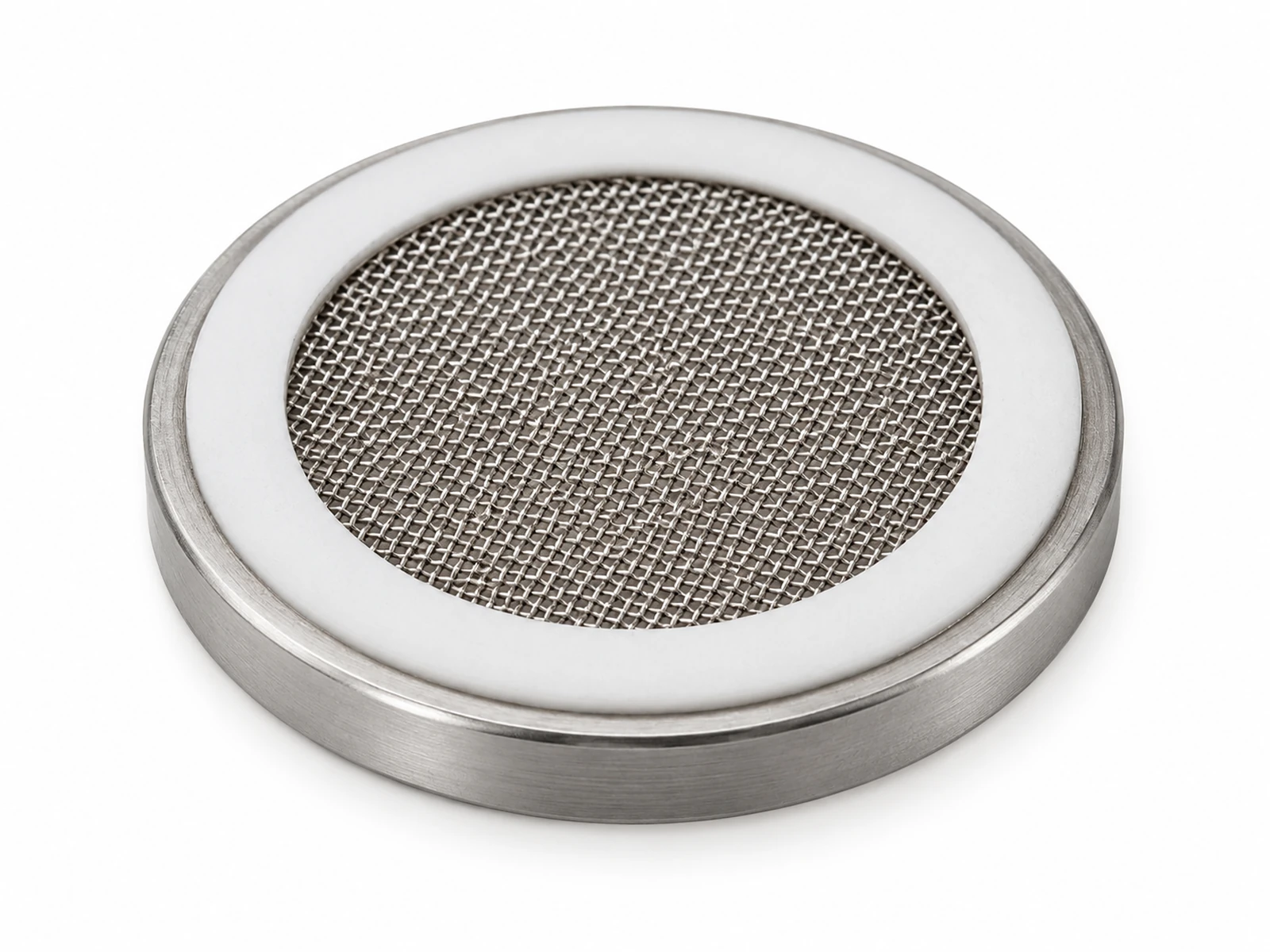 A round stainless steel micro-mesh pressure vent patch with white adhesive ring