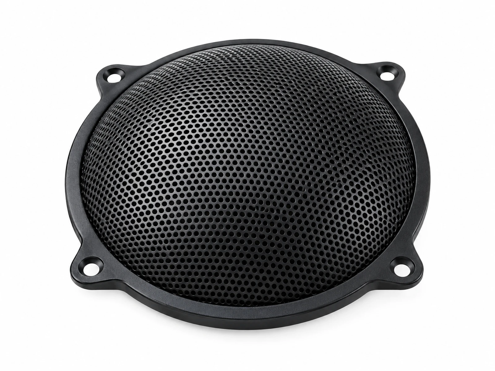 A round black domed perforated metal speaker grille with four mounting ears, set in front of a woofer driver