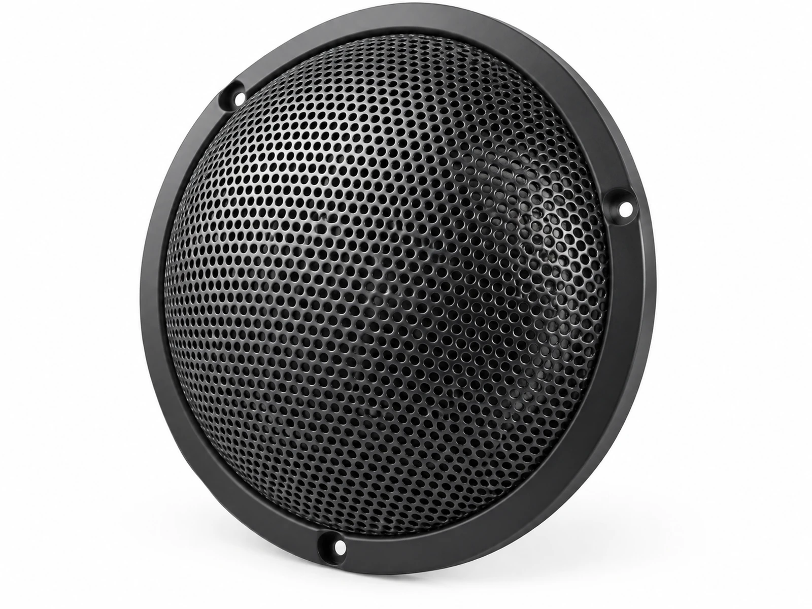 Close-up of a car door interior panel with a round domed black perforated metal speaker grille set into leather trim