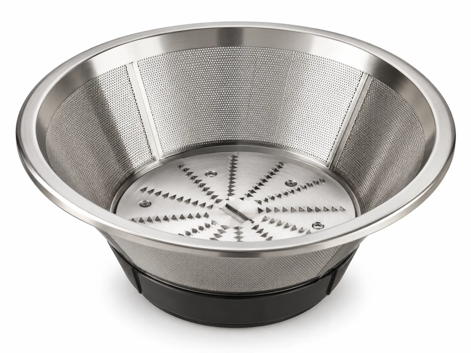 Stainless steel centrifugal juicer filter basket with a sharp toothed cutter disc at its base and a fine etched mesh wall