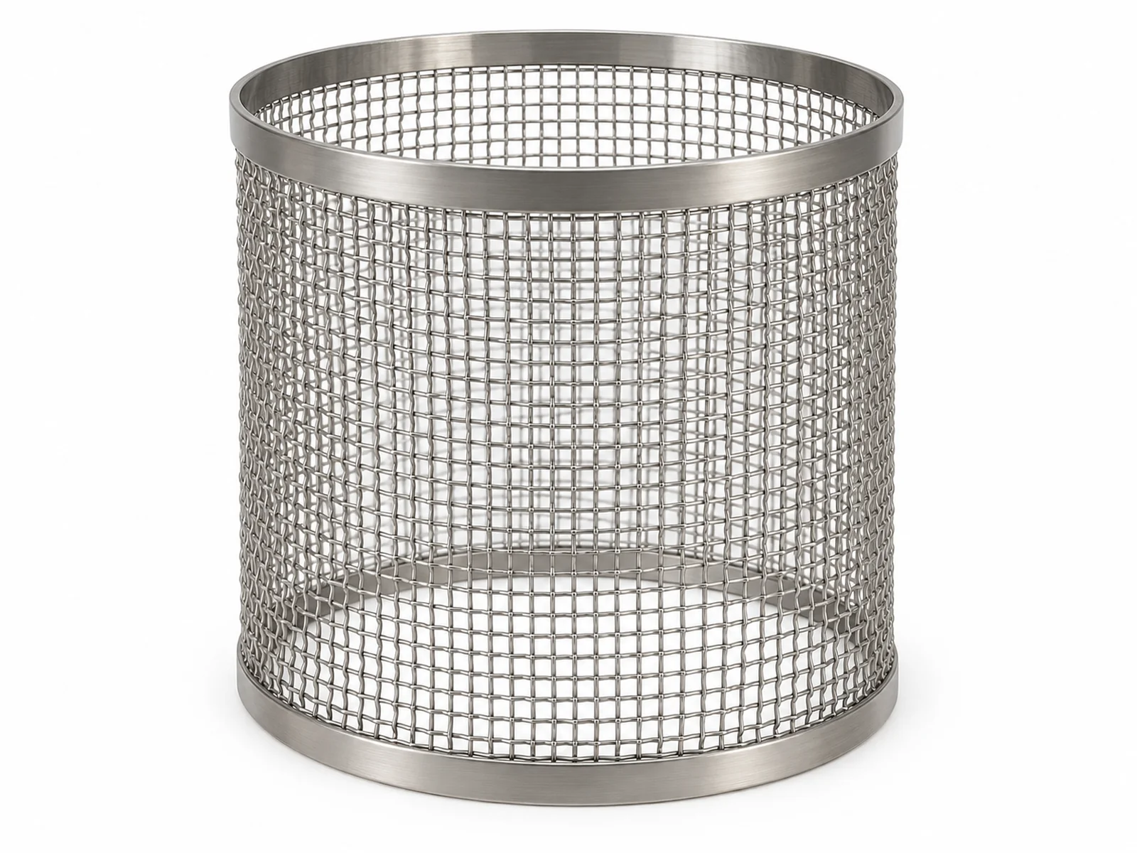 A stainless steel chimney cap with a woven wire spark arrester screen around its sides mounted on top of a brick chimney