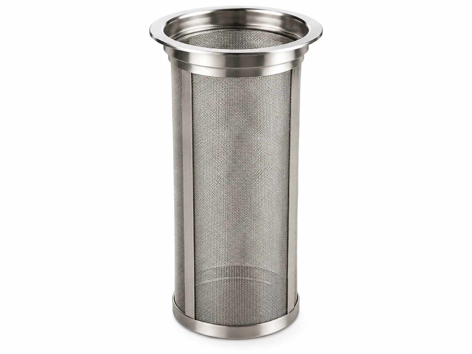A tall stainless steel fine-mesh cold brew coffee filter cylinder inside a glass mason jar