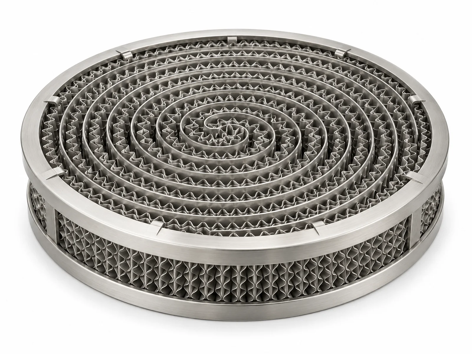 A circular crimped ribbon stainless steel flame arrester element showing spiral wound corrugated metal channels