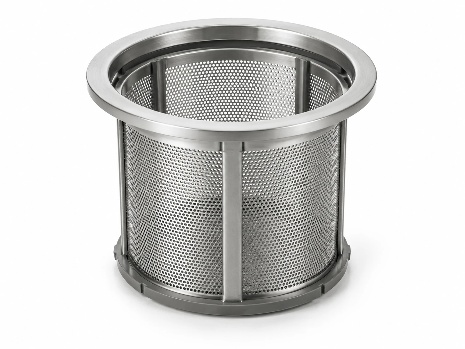 A stainless steel etched dishwasher micro filter cylinder with a coarse cup, beside a flat perforated sump plate