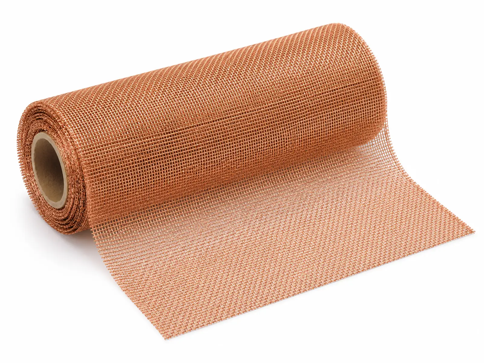 A roll of fine copper woven EMI shielding mesh partially unrolled on an electronics bench