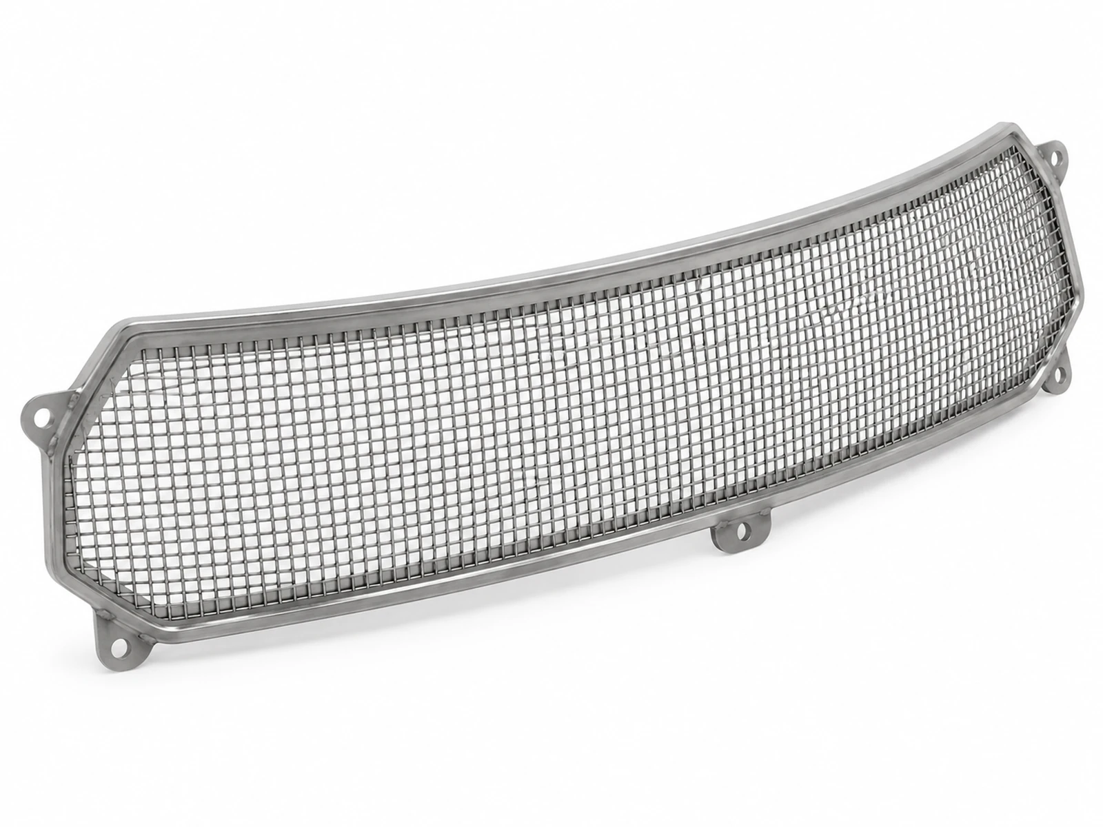 Close-up of a stainless steel welded wire mesh fitted over the cabin air intake under the windscreen cowl of a car