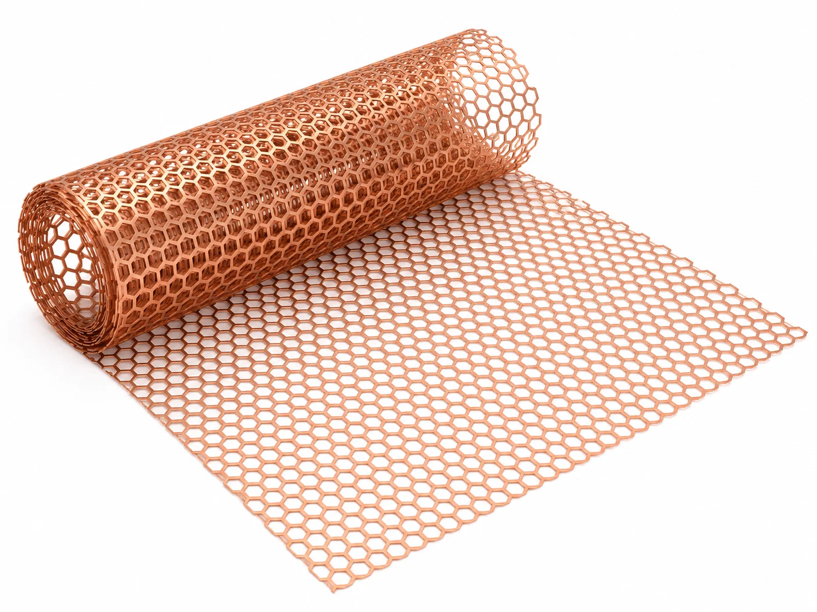 A thin sheet of etched copper hexagonal honeycomb shielding mesh with very fine bars, held over an electronics enclosure vent
