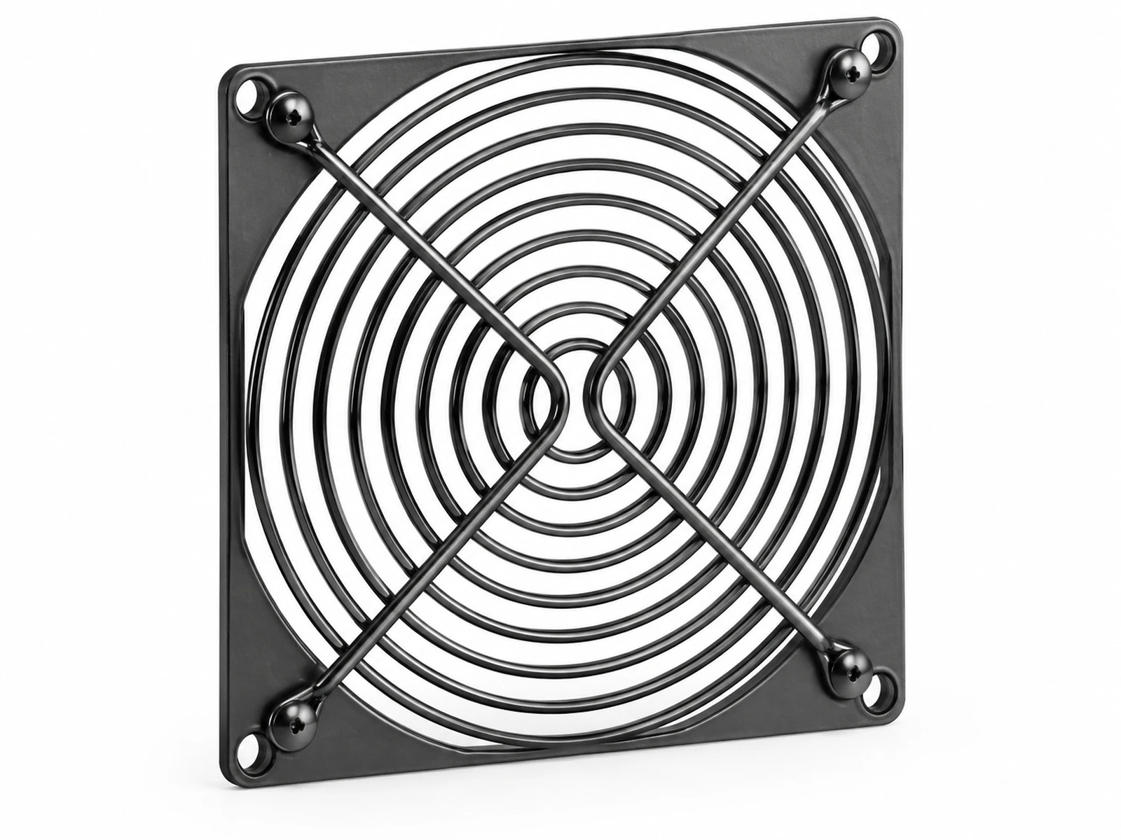 A square black computer cooling fan with a round perforated metal finger guard grille screwed on top