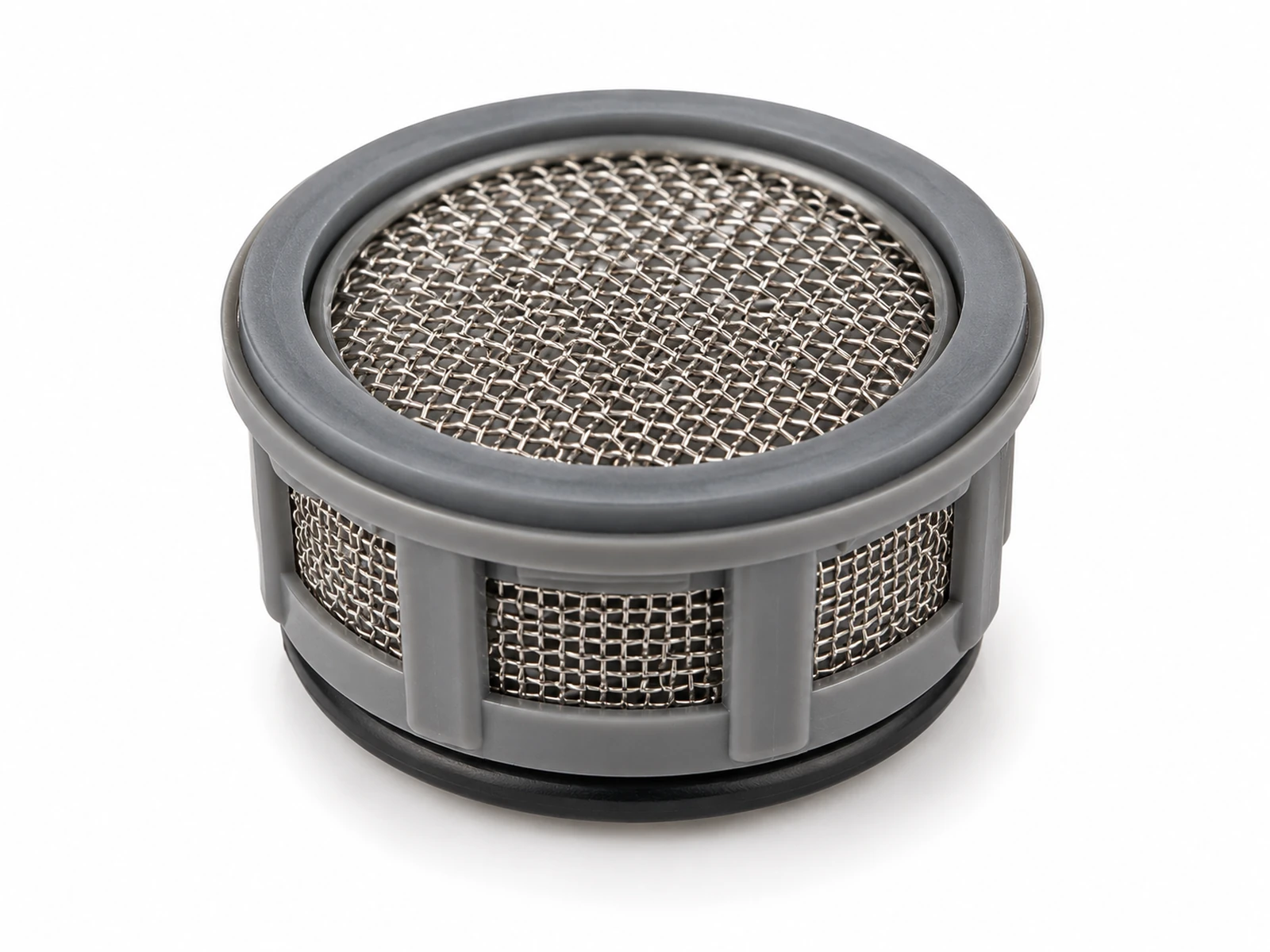 Exploded view of a faucet aerator: chrome housing with three stacked fine stainless steel mesh discs and a flow restrictor