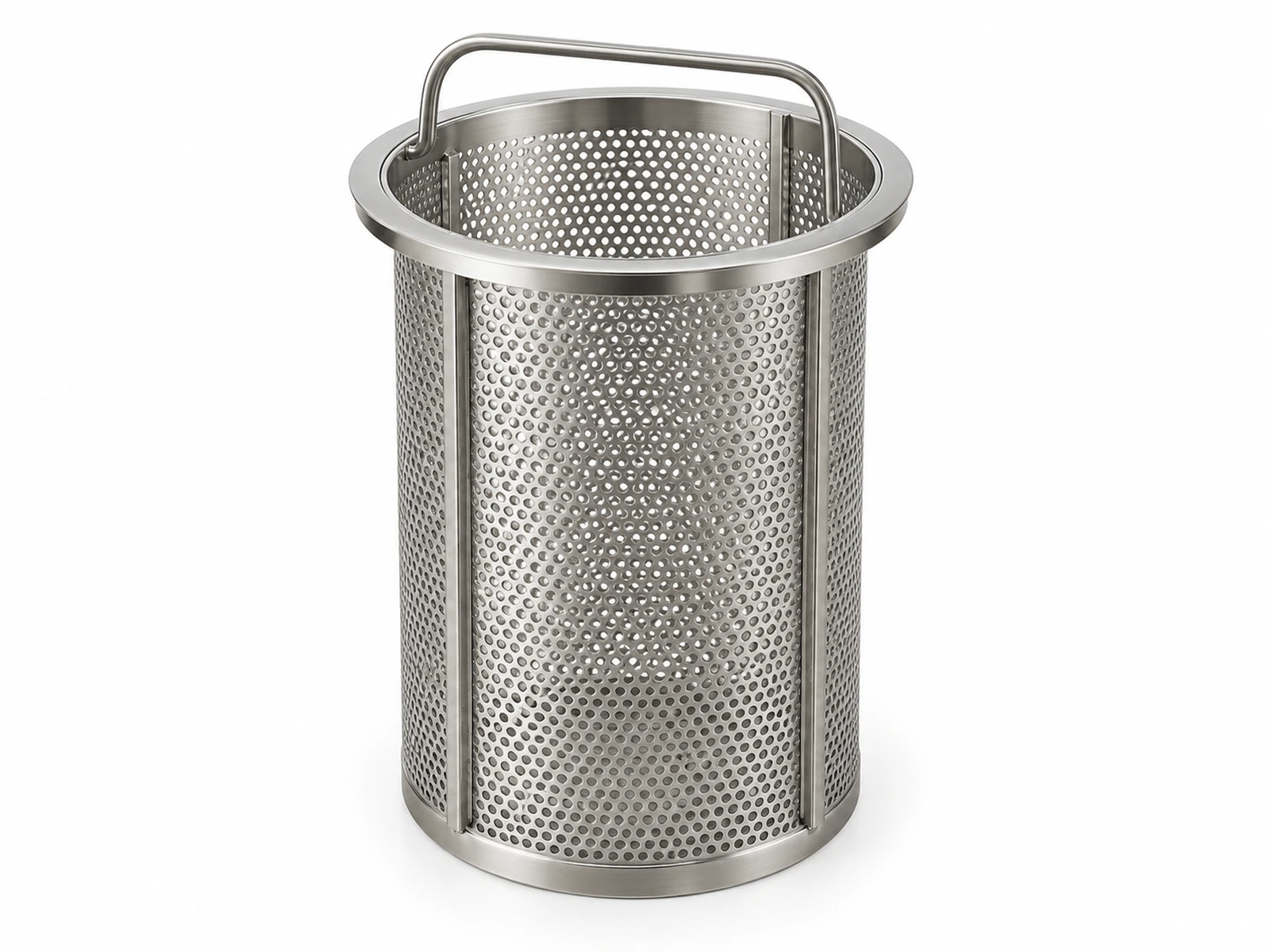 A perforated stainless steel filter bag support basket being lowered into an open bag filter housing in a process plant