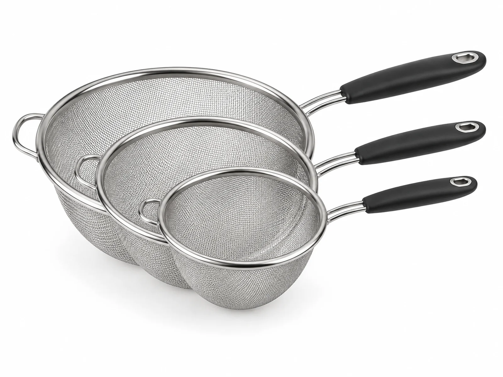 Three nested stainless steel fine mesh kitchen sieves of different sizes with black handles on a white marble countertop