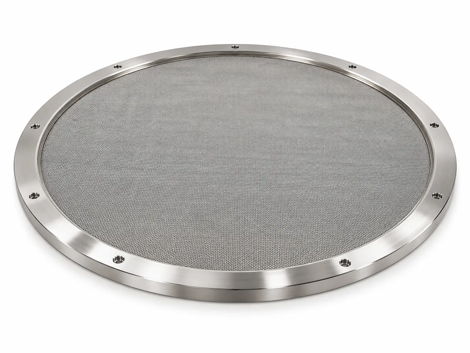 A large round stainless steel fluid bed dryer bottom screen with fine dutch weave mesh in a polished ring