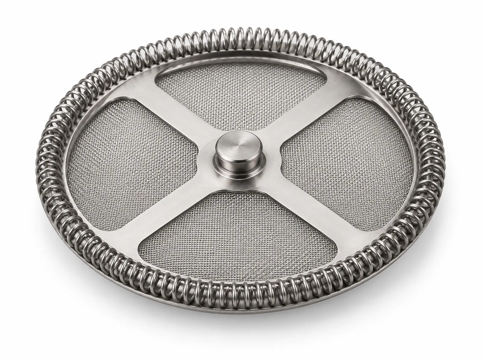 A disassembled French press plunger showing the round stainless steel mesh screen with coil spring rim, cross plate