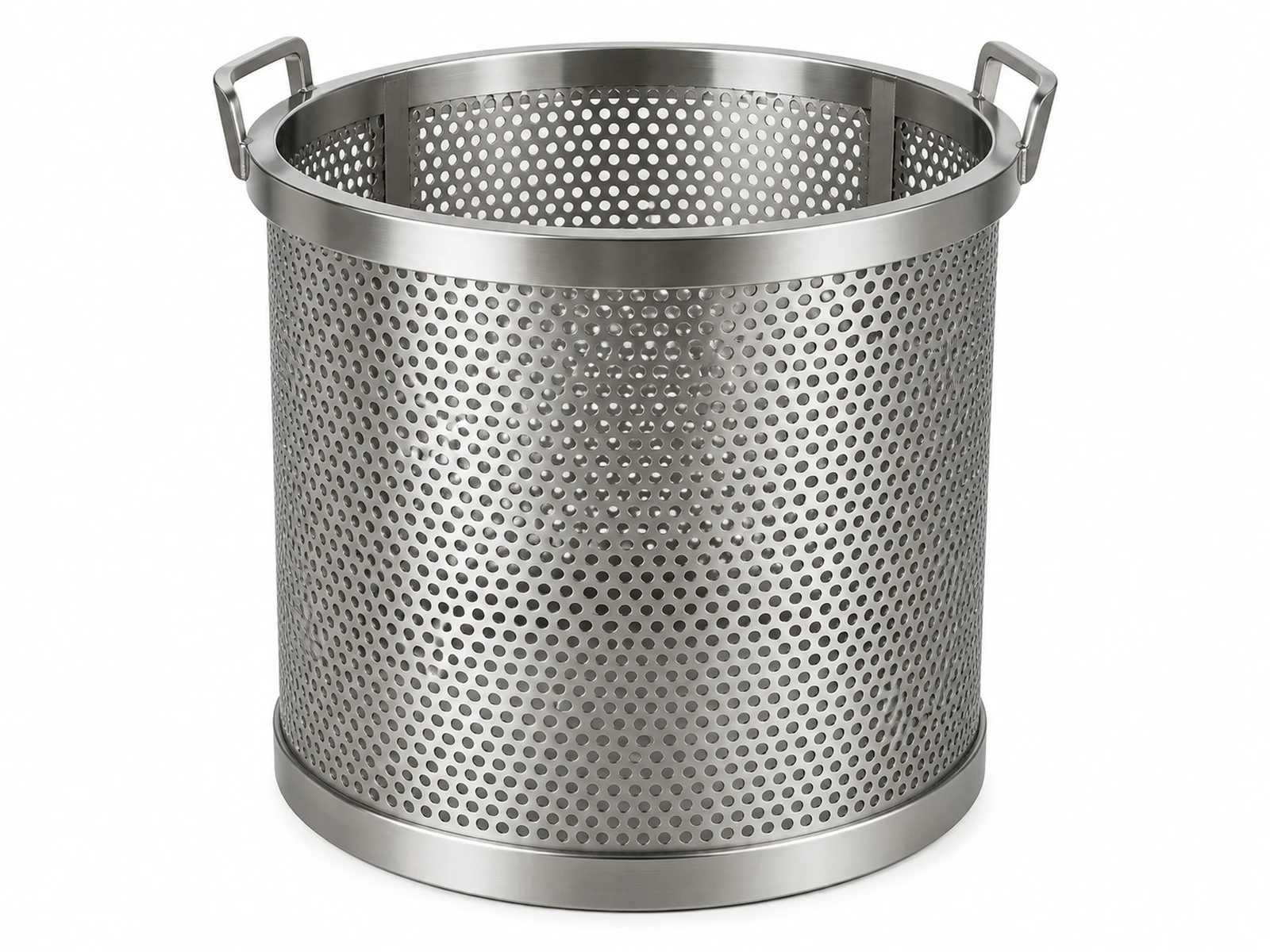 A perforated stainless steel cylindrical basket of a hydraulic fruit press filled with apple pomace, juice running out
