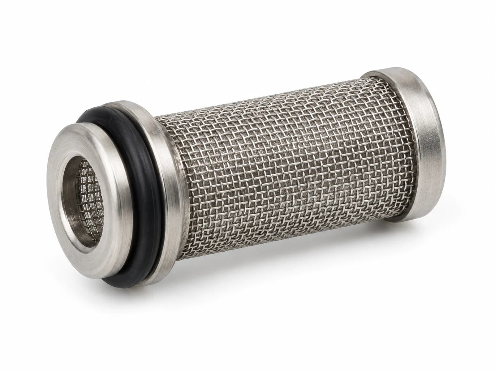 Macro photograph of several tiny cylindrical stainless steel mesh fuel injector inlet filter baskets