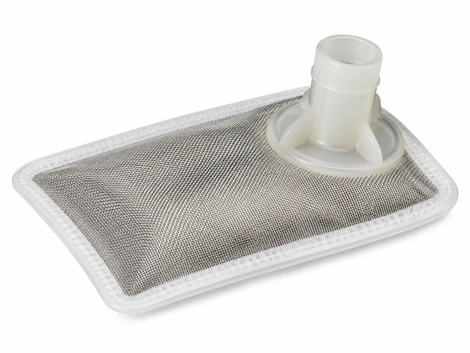 A stainless steel woven mesh fuel pump strainer sock attached to the bottom of an electric fuel pump module