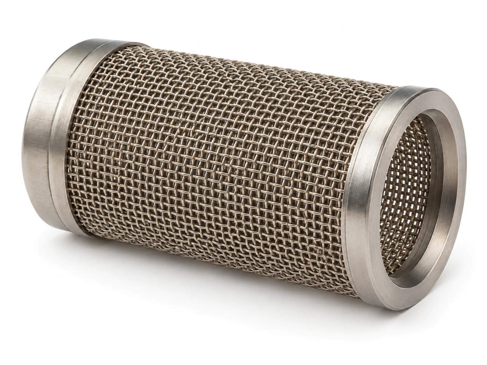 A cylindrical woven metal burner mesh glowing orange with blue flame across its surface inside a gas boiler, dark background