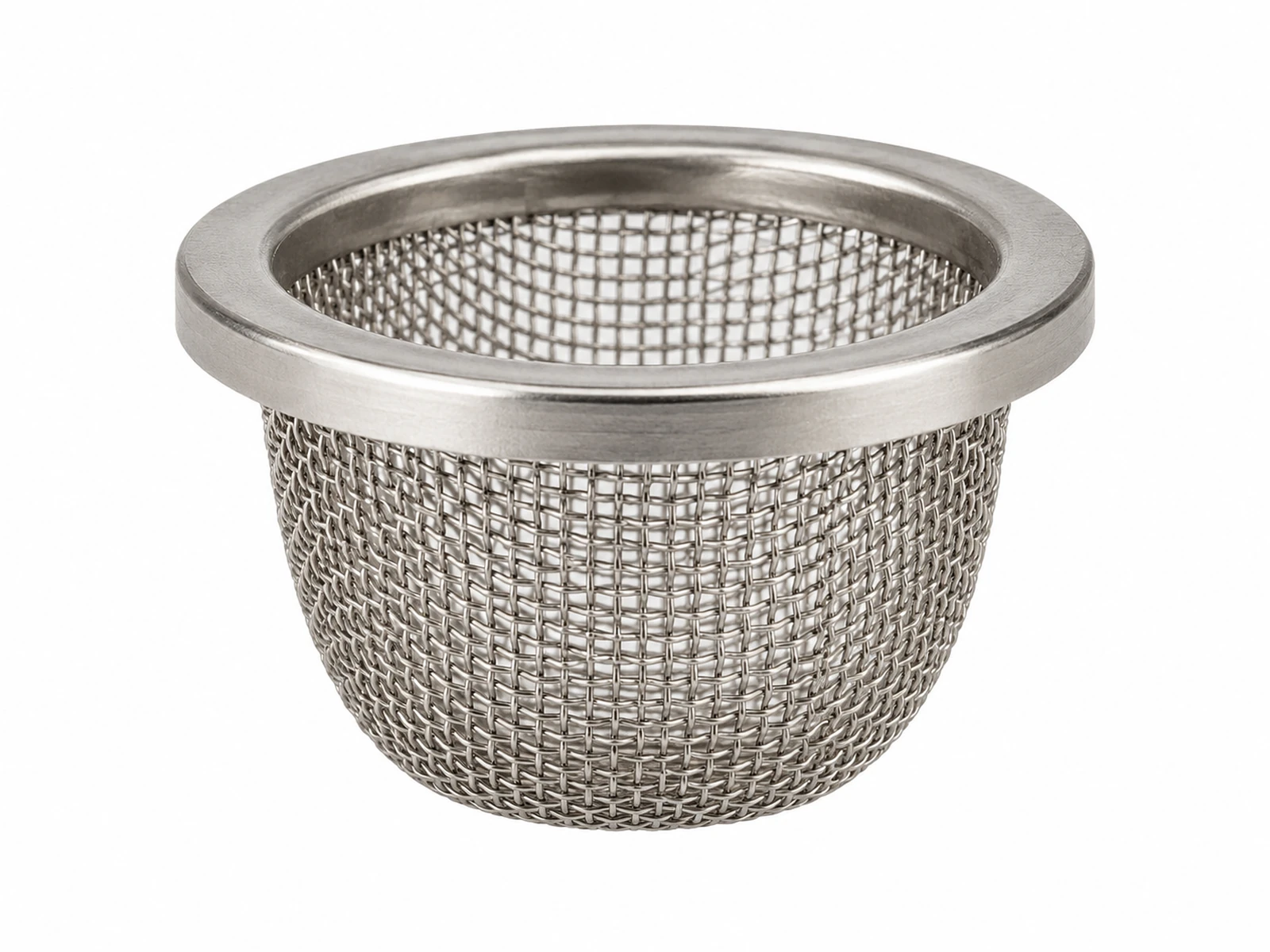 A small cup-shaped stainless steel mesh inlet filter screen next to a brass gas pressure regulator on a workbench