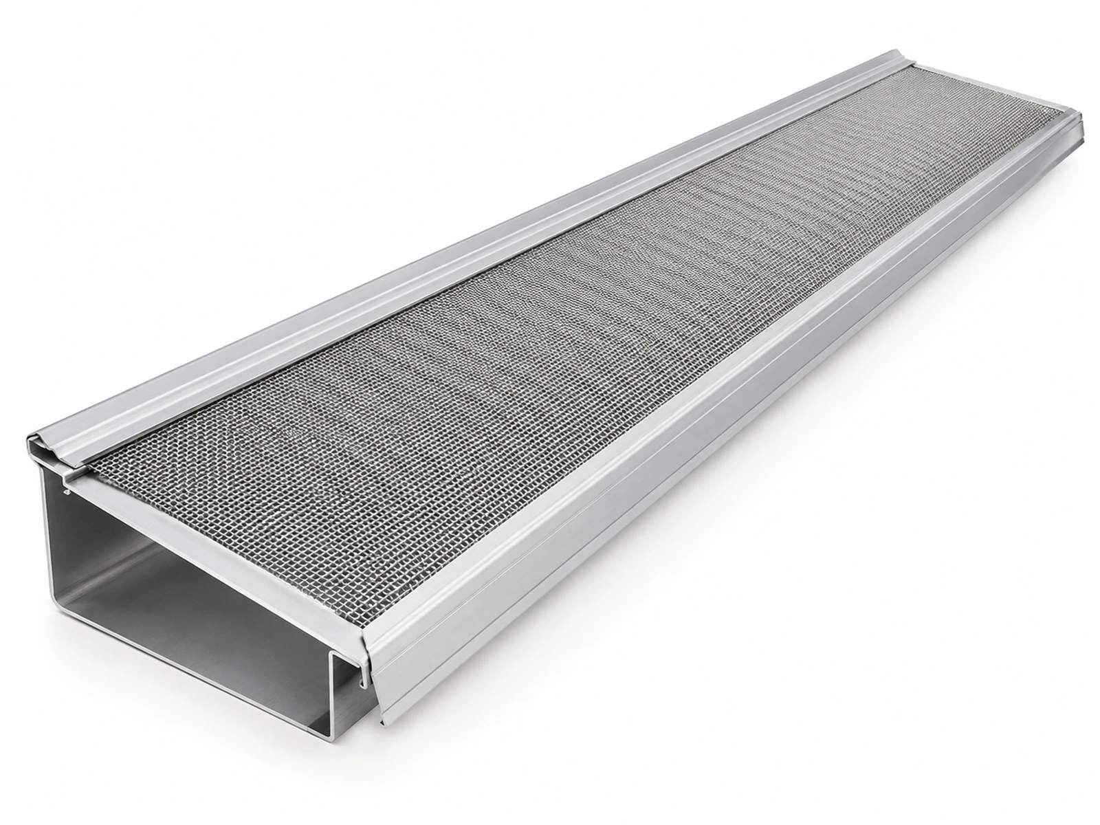 Close-up of a roof gutter covered with an aluminum frame gutter guard topped with fine stainless steel micro-mesh