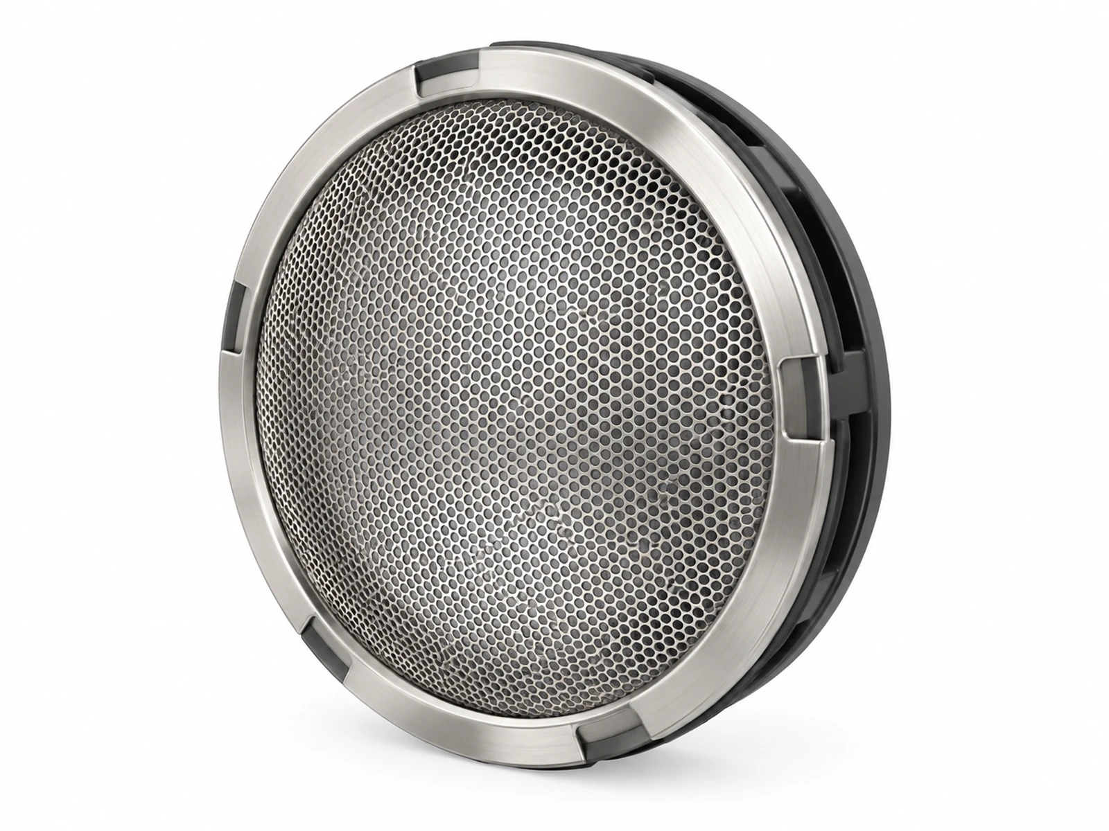 The rear air intake of a modern hair dryer with a round fine-etched stainless steel filter mesh partially twisted off