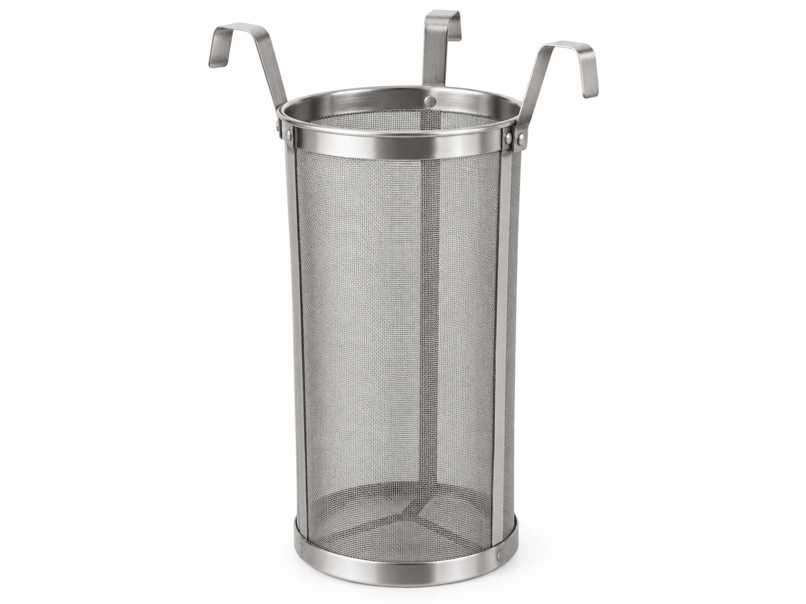 A tall stainless steel mesh hop spider hanging from the rim of a large brewing kettle by three legs, steam rising