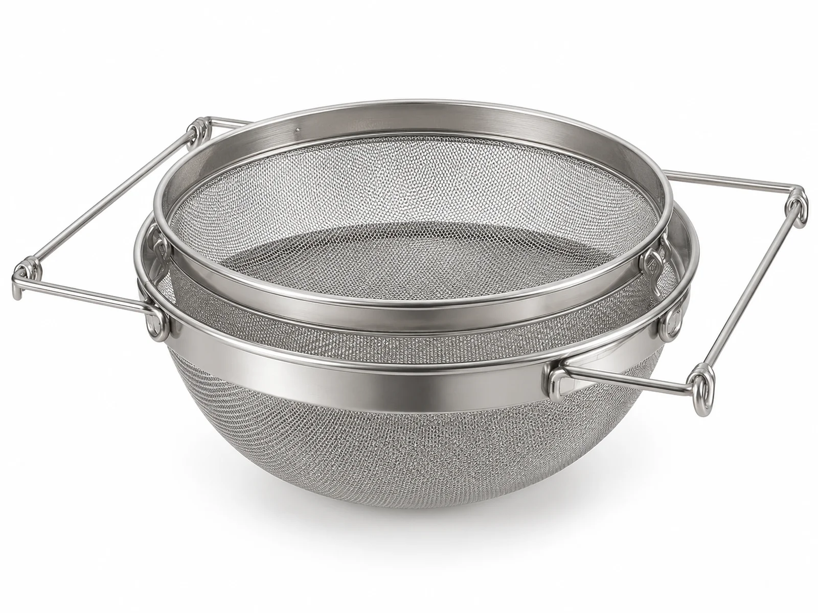 A stainless steel double honey strainer with two nested mesh bowls resting on a white food-grade bucket