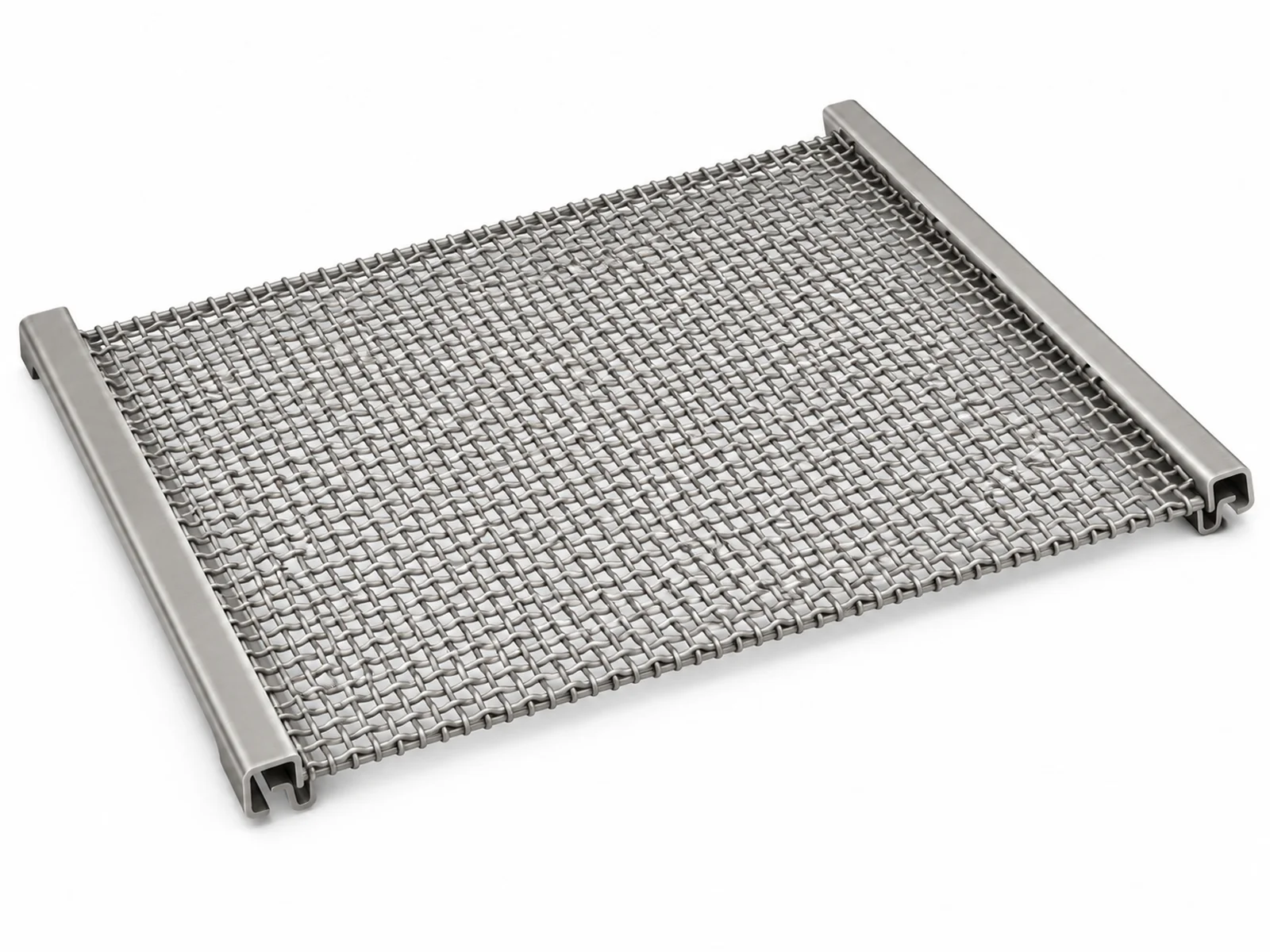 A woven wire screen panel with folded hook strips being tensioned onto a vibrating screen deck at a quarry, gravel