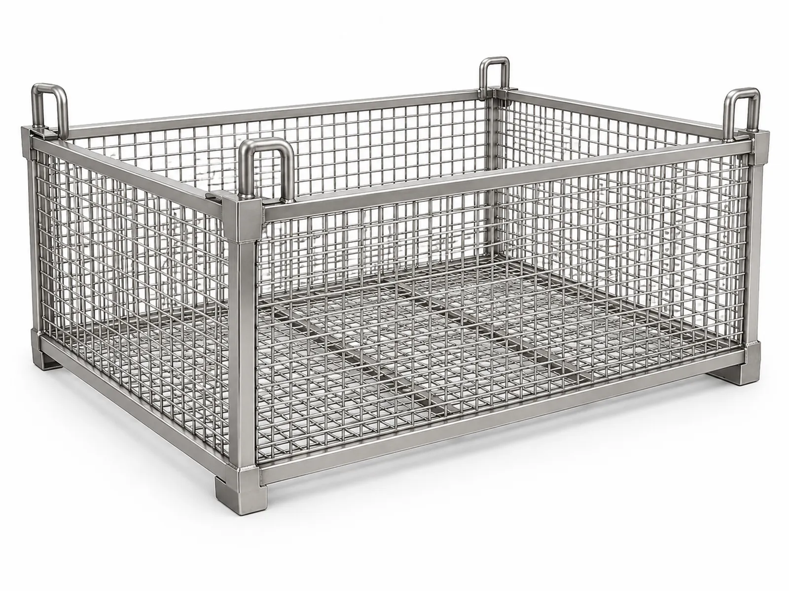 A large rectangular stainless steel welded wire mesh industrial basket