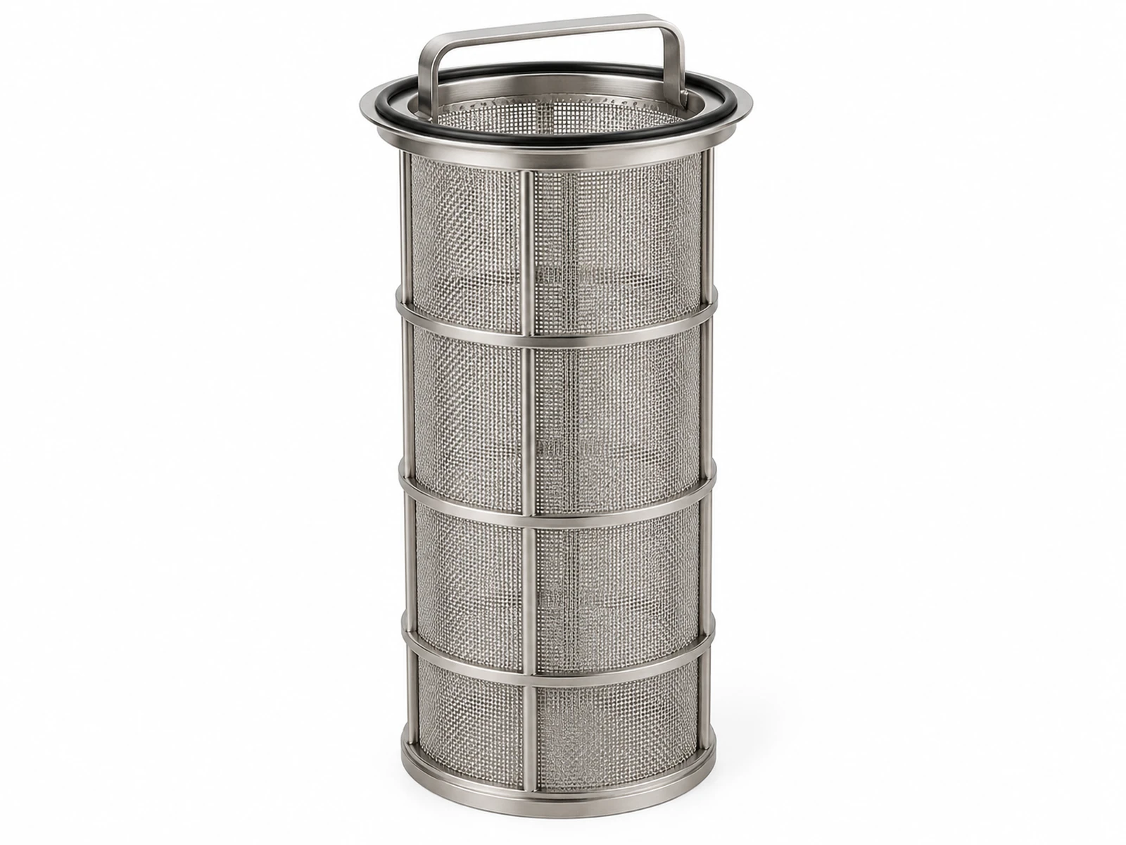 A cylindrical stainless steel screen filter element for drip irrigation beside a plastic filter housing in a green field