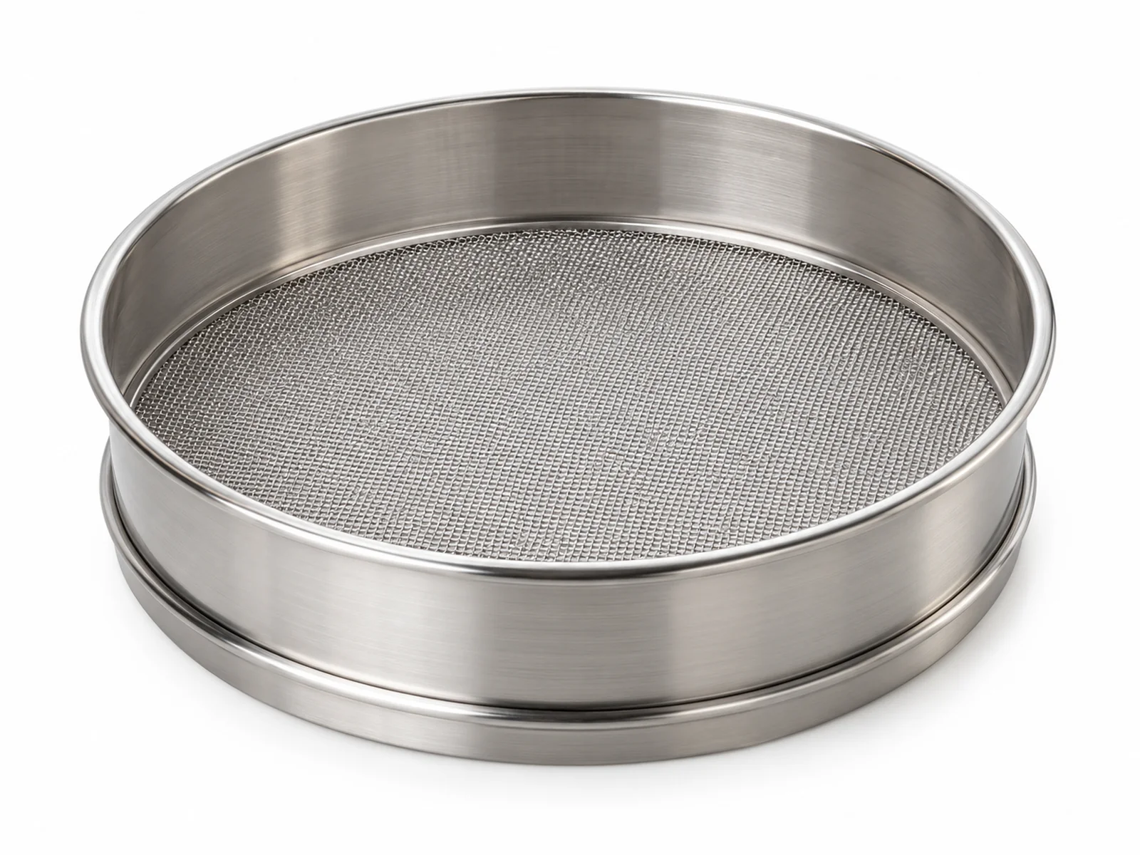 A stack of round stainless steel ISO 3310-1 laboratory test sieves with fine woven wire mesh, labels on frames