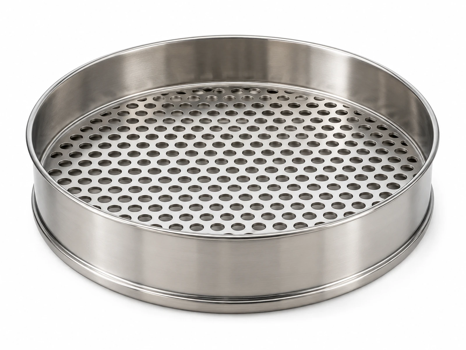 A large round test sieve with a thick perforated stainless steel plate of evenly spaced round holes, gravel aggregate