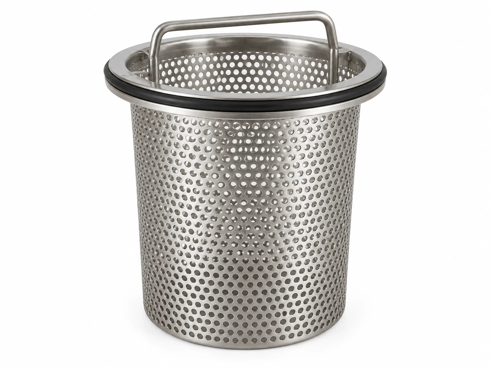 A clear-bowl marine sea strainer with a perforated stainless basket partly full of seaweed in a boat engine room
