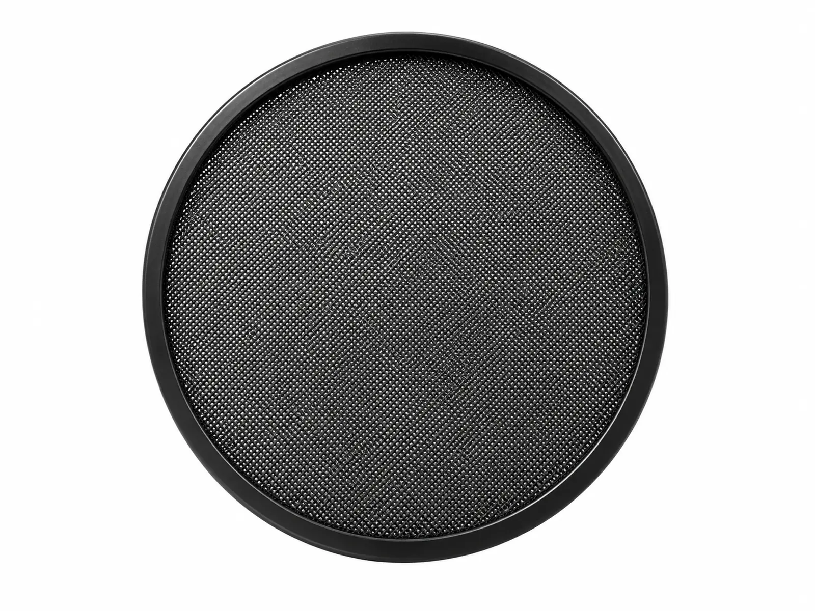 A round black metal mesh pop filter on a gooseneck clamp in front of a studio condenser microphone, podcast studio