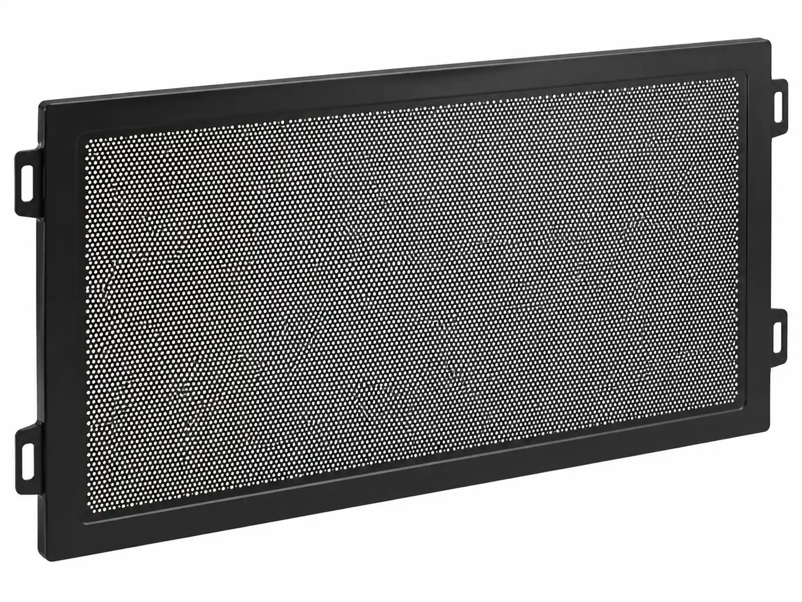 Close-up of a microwave oven door showing the black perforated metal shield screen with tiny holes