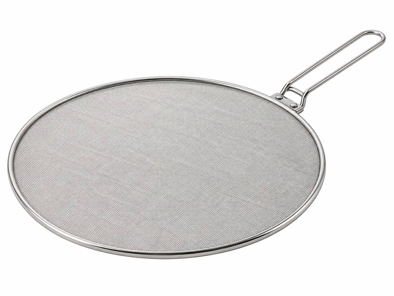 A round stainless steel fine mesh oil splatter screen with folding handle