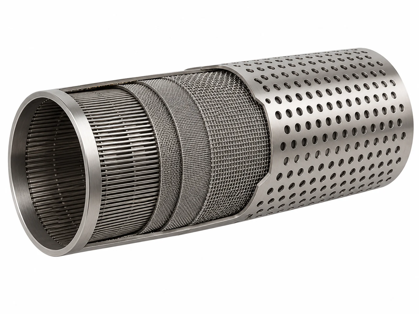A section of oil well sand control screen with outer perforated shroud cut away to show sintered mesh layers