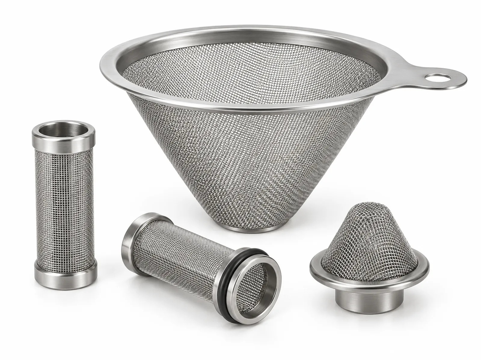 Small stainless steel mesh spray gun filter screens and a cup inlet strainer laid beside an HVLP spray gun