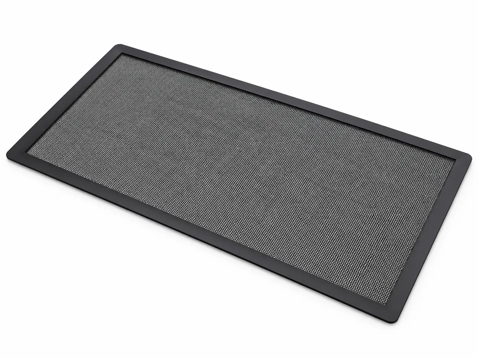 A black magnetic-framed fine stainless steel mesh dust filter being placed onto the top fan intake of a dark gaming PC case