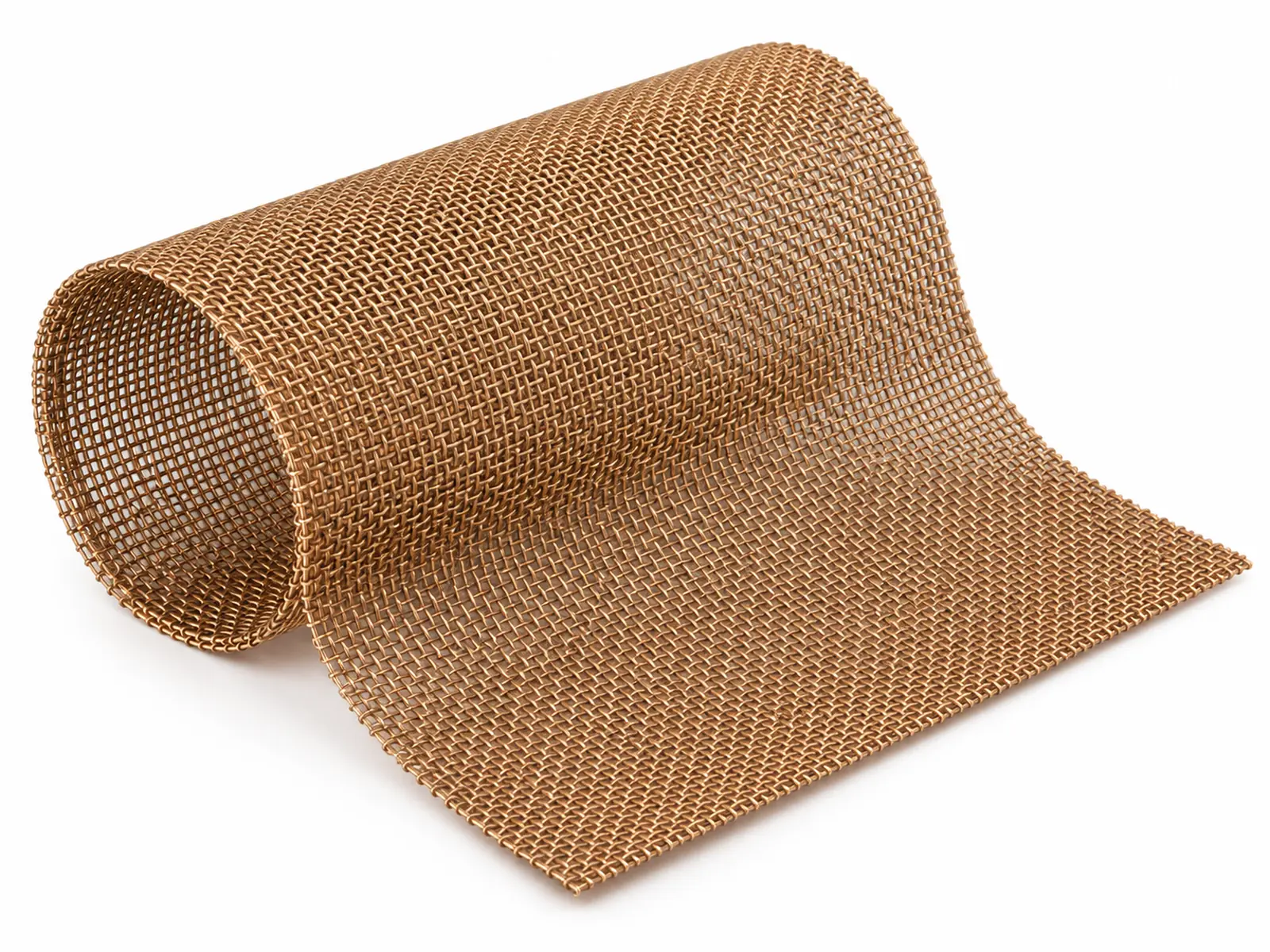 Close-up of fine twill-woven phosphor bronze wire mesh with a reddish-gold metallic color, folded edge in the foreground