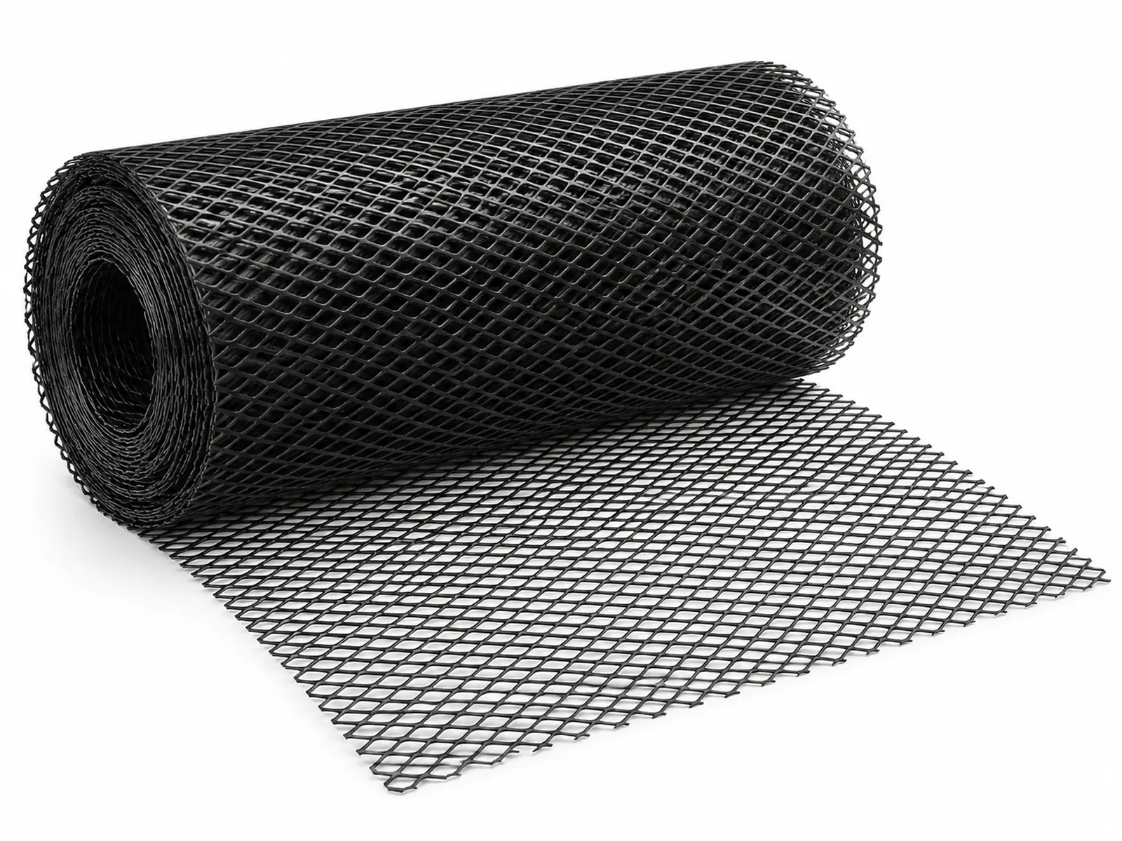 A roll of black epoxy-coated expanded metal pleat support mesh being fed into a filter pleating machine