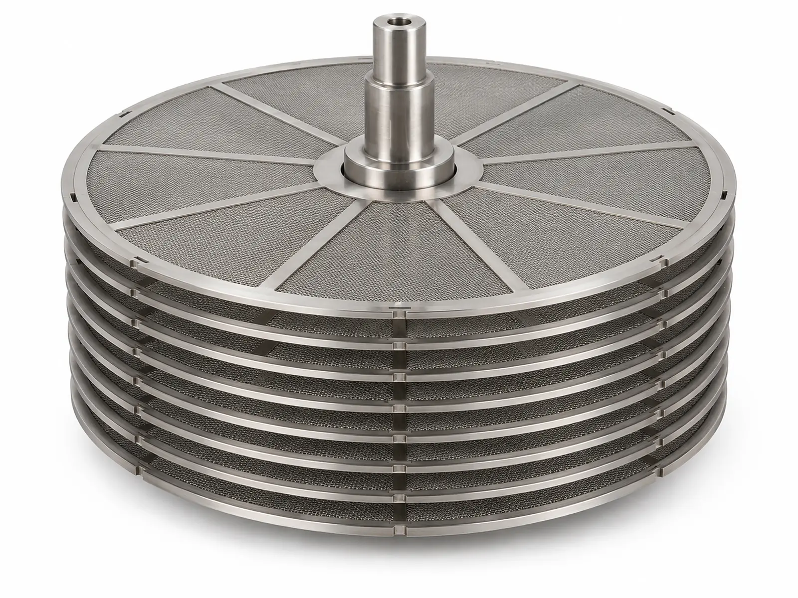 A stack of round stainless steel polymer leaf disc filters with central hubs on a spindle